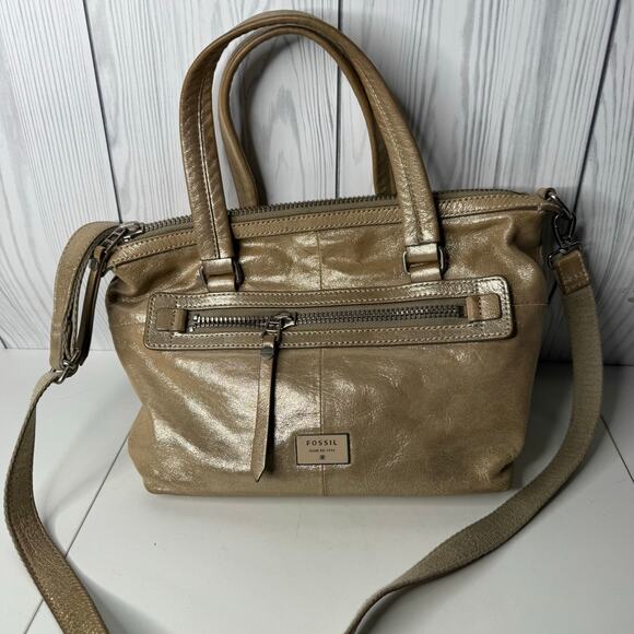 Vintage FOSSIL Gold Metallic Leather Shoulder Bag Purse Dawson Satchel - Picture 2 of 10